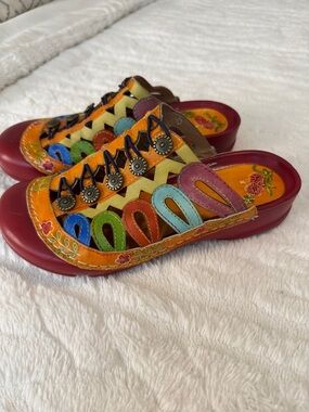 Colorful Multicolor Leather Slip-On Mules with Decorative Medallions